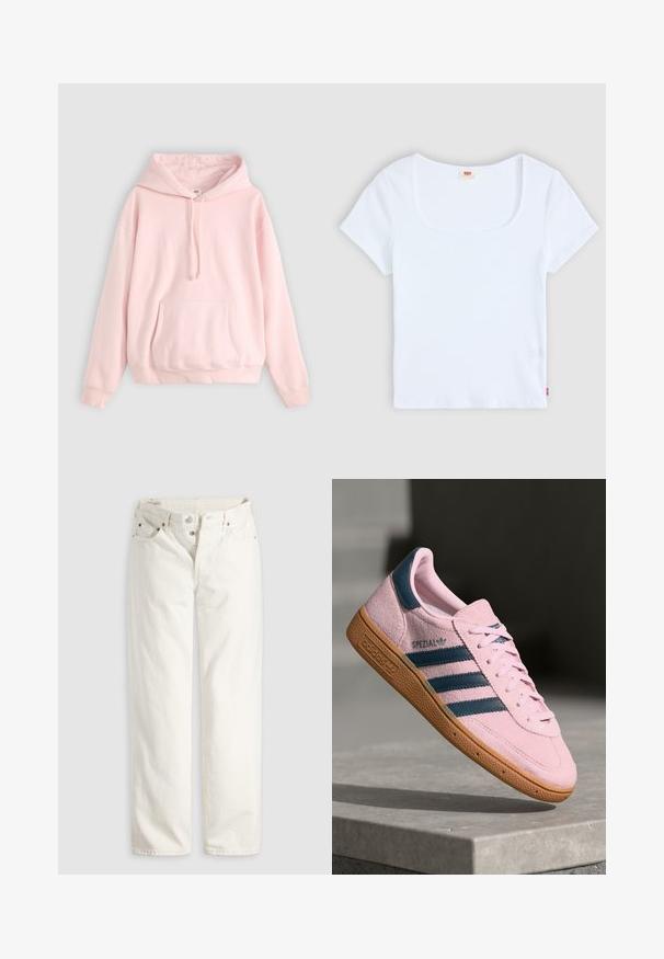Helle rosa Kapuzenpullover mit großer Fronttasche, Kordelzug und gerippten Bündchen. Hergestellt aus weichem, bequemem Material mit minimalem Branding.; Weiße kurzärmelige Bluse mit quadratischem Ausschnitt, aus geripptem Stoff. Mit einem kleinen roten Logoschild auf der unteren linken Seite.; Weiße, hoch taillierte Jeans mit geradem Bein, Knopfleiste, Vorder- und Gesäßtaschen sowie sichtbaren Kupfernieten an den Taschenecken.; Hellrosa Wildleder-Sneaker mit navyblauen drei Streifen, Gummisohle und hellrosa Schnürsenkeln. Mit "SPEZIAL"-Branding an der Seite.