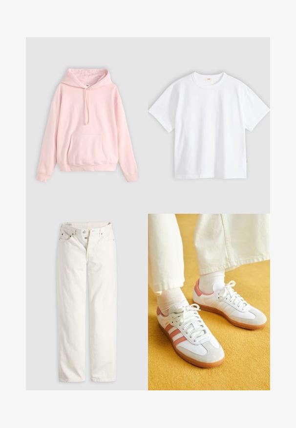 Helle rosa Kapuzenpullover mit großer Fronttasche, Kordelzug und gerippten Bündchen. Hergestellt aus weichem, bequemem Material mit minimalem Branding.; Weißes Baumwoll-T-Shirt mit kurzen Ärmeln, rundem Ausschnitt, lockerer Passform, glatter Textur und einem kleinen Logetikett an der linken Seitennaht.; Weiße, hoch taillierte Jeans mit geradem Bein, Knopfleiste, Vorder- und Gesäßtaschen sowie sichtbaren Kupfernieten an den Taschenecken.; Weiße Sportschuhe mit pinken Akzenten, aus Wildleder und Leder, runde Zehenform und Gummisohle, dargestellt mit hellen Socken vor einem gelben Hintergrund.