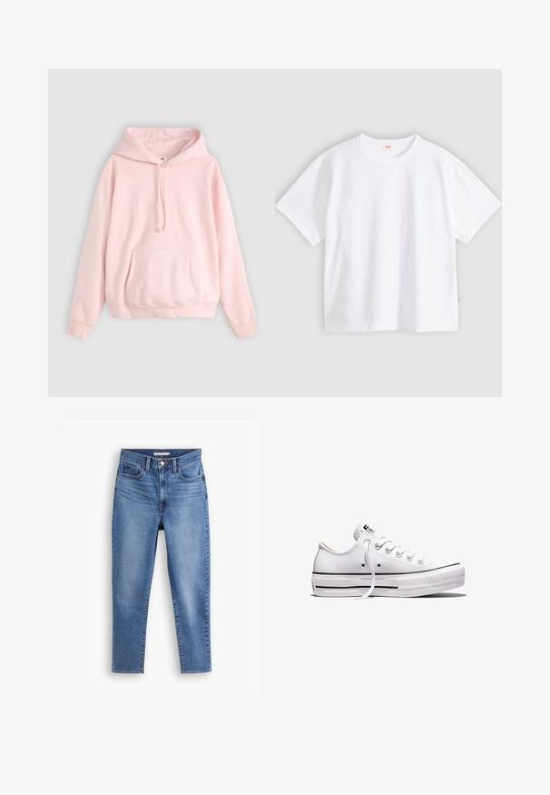 Helle rosa Kapuzenpullover mit großer Fronttasche, Kordelzug und gerippten Bündchen. Hergestellt aus weichem, bequemem Material mit minimalem Branding.; Weißes Baumwoll-T-Shirt mit kurzen Ärmeln, rundem Ausschnitt, lockerer Passform, glatter Textur und einem kleinen Logetikett an der linken Seitennaht.; Blaue, hochgeschnittene Damenjeans mit vorderem Knopf- und Reißverschluss, Gürtelschlaufen und Fünf-Taschen-Design, flach auf weißem Hintergrund.; Weißer Sneaker aus Segeltuch mit niedrigem Schnitt, weißen Schnürsenkeln, Gummisohle, schwarzen Streifendetails und Logopatch auf der Zunge und Ferse.
