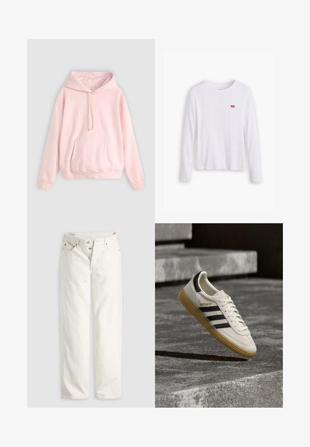 Helle rosa Kapuzenpullover mit großer Fronttasche, Kordelzug und gerippten Bündchen. Hergestellt aus weichem, bequemem Material mit minimalem Branding.; Weißes Langarmhemd aus weicher Baumwolle. Mit kleinem rotem Levi's-Logo auf der linken Brust. Klassisches Rundhals-Design.; Weiße, hoch taillierte Jeans mit geradem Bein, Knopfleiste, Vorder- und Gesäßtaschen sowie sichtbaren Kupfernieten an den Taschenecken.; Weißer Adidas Spezial Sneaker mit schwarzen Streifen und Kautschuksohle, der über grauen Steinstufen im Freien schwebt.