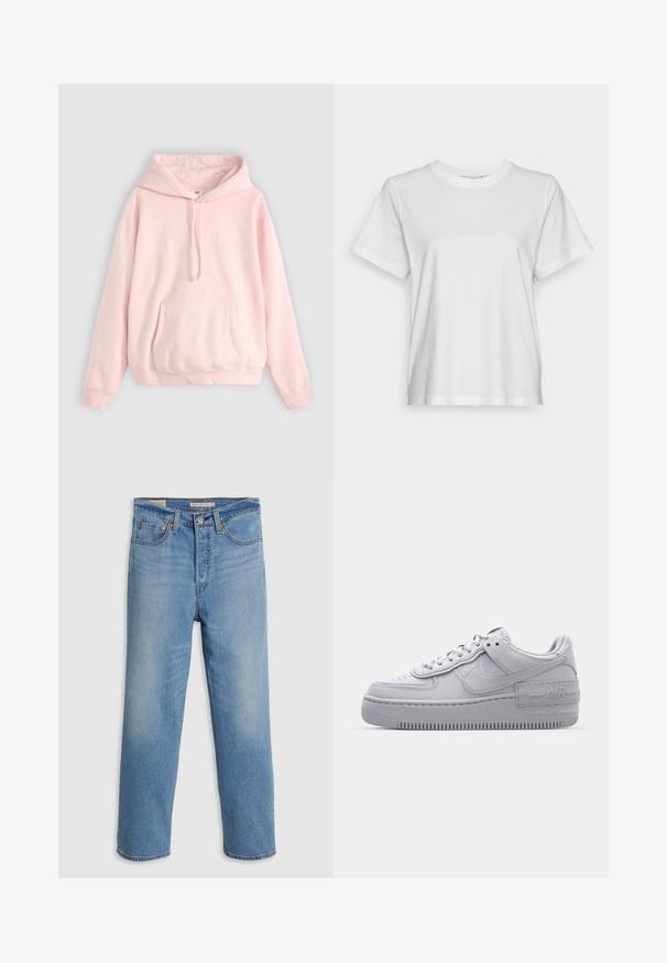 Lyserød hættetrøje med en stor lommesæk foran, snøre ved hætten og ribbede manchetter. Fremstillet af blødt, komfortabelt materiale med minimal branding.; Hvid bomulds T-shirt med korte ærmer, rund hals og en afslappet pasform. Glat tekstur, uden mønstre eller grafik, enkel design.; Lysblå lige ben denimbukser med forlommer, bæltestropper og en knaplukning på en ensfarvet baggrund.; Grå Nike Air Force 1 sneakers med perforeret tå, glat læderoverdel, tyk sål og præget 'AIR' detalje på hælen.