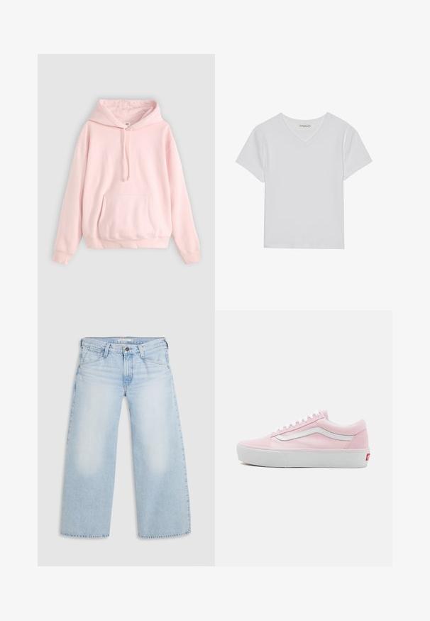 Lichtroze hoodie met een grote voorzak, kap met trekkoord en ribbels aan de mouwen. Gemaakt van zachte, comfortabele materialen met minimale merkaanduidingen.; Witte T-shirt met korte mouwen en V-hals, gemaakt van ribbelstof. Heeft een strakke ontwerp met een rechte zoom en minimale details.; Lichtblauwe wijde jeans gemaakt van denim. Kenmerken zijn een rechte snit, een vijfzakkenontwerp en een knoopsluiting aan de taille.; Roze canvas sneakers met witte accenten, platte veters en een witte rubberen zool. Heeft een klassiek laag ontwerp en zijlogo.