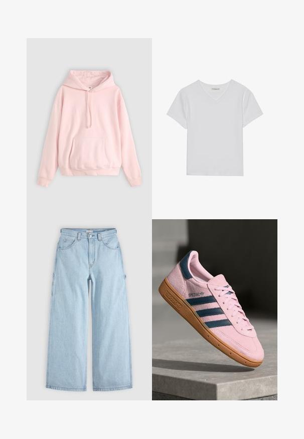 Helle rosa Kapuzenpullover mit großer Fronttasche, Kordelzug und gerippten Bündchen. Hergestellt aus weichem, bequemem Material mit minimalem Branding.; Weißes kurzärmliges V-Ausschnitt-T-Shirt aus Rippstoff. Es zeichnet sich durch ein sauberes Design mit geradem Saum und minimalen Details aus.; Hellblaue Jeans mit weitem Bein, vorderen Taschen, Gürtelschlaufen und seitlichen Werkzeugtaschen-Schlaufen, flach auf grauem Hintergrund liegend.; Hellrosa Wildleder-Sneaker mit navyblauen drei Streifen, Gummisohle und hellrosa Schnürsenkeln. Mit "SPEZIAL"-Branding an der Seite.