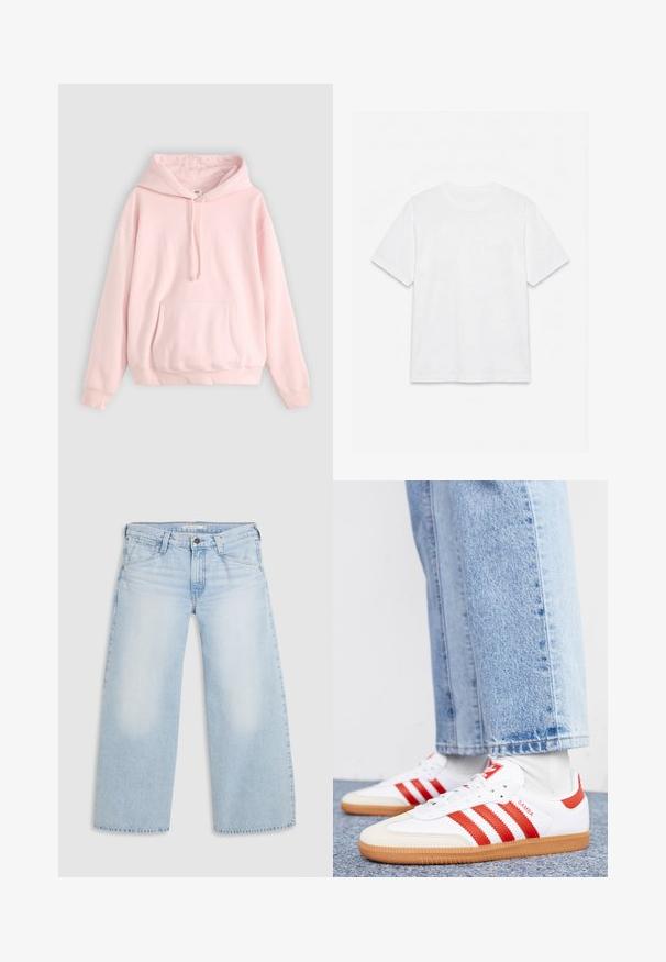Hoodie rose clair avec une grande poche avant, capuche à cordons et poignets côtelés. Fabriqué en tissu doux et confortable avec un branding minimal.; T-shirt blanc uni à manches courtes et col rond, posé à plat sur un fond blanc.; Jean large bleu clair en denim. Présente une coupe droite, un design à cinq poches et une fermeture par bouton à la taille.; Baskets en cuir blanc avec des rayures et des accents rouges. Dotées d'une semelle extérieure en gomme texturée et d'un col rembourré. Portées avec un jean en denim bleu clair.