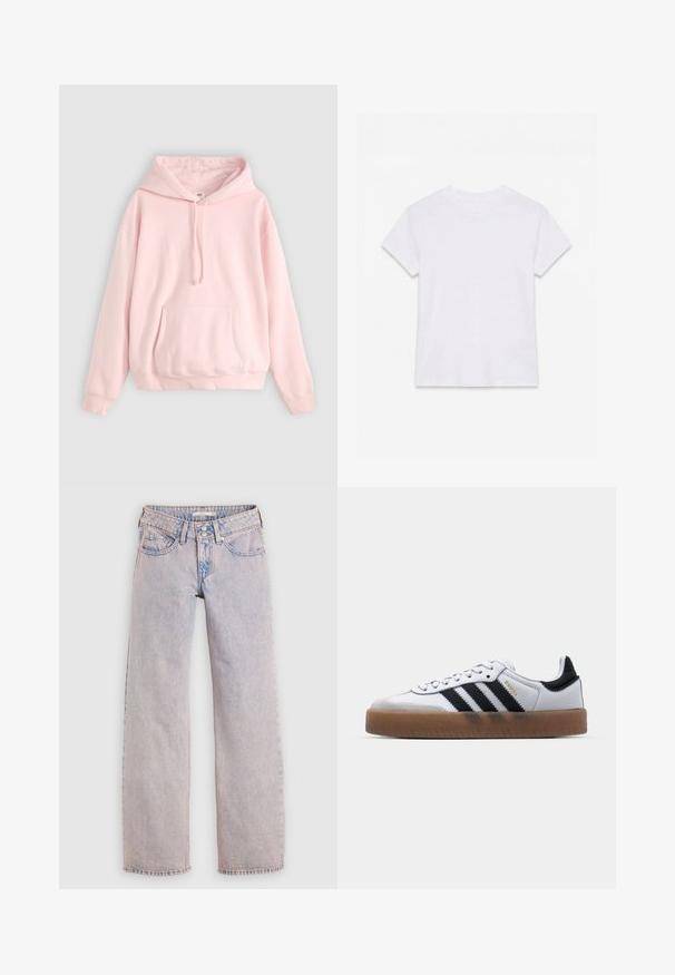 Helle rosa Kapuzenpullover mit großer Fronttasche, Kordelzug und gerippten Bündchen. Hergestellt aus weichem, bequemem Material mit minimalem Branding.; Schlichtes weißes kurzärmliges Baumwoll-T-Shirt mit Rundhalsausschnitt, flach auf einem weißen Hintergrund liegend.; Hellblaue Denim-Jeans mit geradem Schnitt, ausgestattet mit einem Fünf-Taschen-Design, Doppelknopfverschluss und minimalem Ausbleichen.; Weiße Leder Sneakers mit schwarzen Streifen, Gummigummi-Außensohle, runder Zehenform, Schnürverschluss und weichem grauem Wildleder-Zehenkappe.