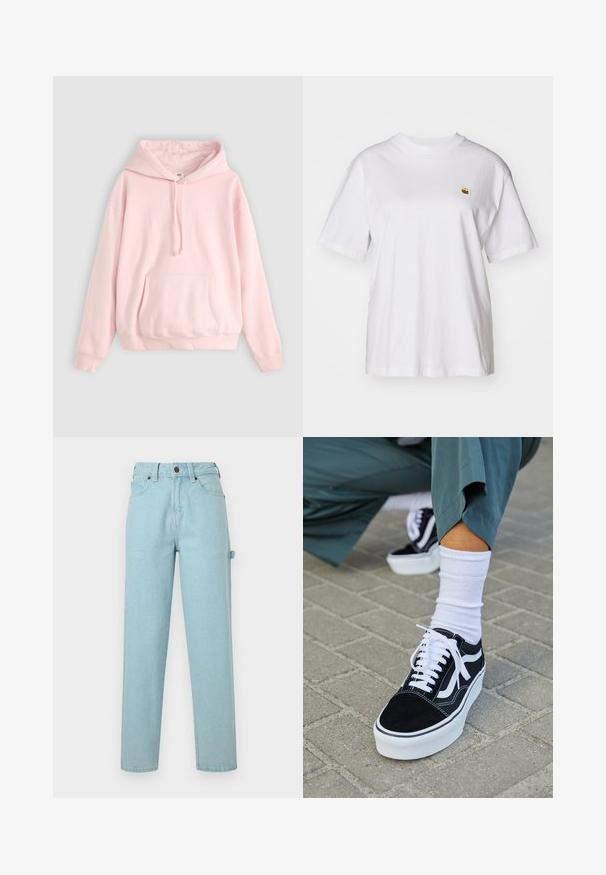 Lichtroze hoodie met een grote voorzak, kap met trekkoord en ribbels aan de mouwen. Gemaakt van zachte, comfortabele materialen met minimale merkaanduidingen.; Witte katoenen t-shirt met een relaxte pasvorm, korte mouwen en een klein geborduurd logo op de linkerborst.; Lichtblauwe spijkerbroek met een rechte pijpvorm, ontwerp met vijf zakken en een tailleband met riemlus. Licht gestructureerde stof.; Zwarte suède sneaker met witte accenten en veters, uitgerust met een dikke witte zool en contrasterende stiksels, gecombineerd met een witte sok.
