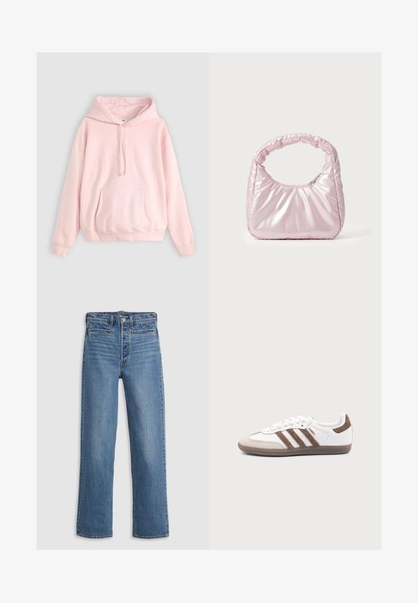 Lyserød hættetrøje med en stor lommesæk foran, snøre ved hætten og ribbede manchetter. Fremstillet af blødt, komfortabelt materiale med minimal branding.; Lys blå, lige ben jeans lavet af denim. Funktioner inkluderer en knaplukning, fem lommer og diskret slid. Ingen udsmykninger eller mønstre.; Hvid Adidas Samba sneaker med brune ruskindstriber, brun gummisål og beige ruskindståhætte, vist fra ydersiden på en ensfarvet baggrund.; Rosa, polstret håndtaske med afrundet design, lavet af skinnende materiale. Har et samlet håndtag og en lynlås til sikker adgang.
