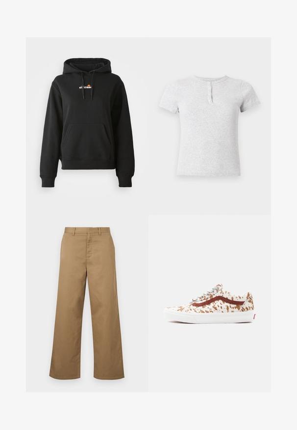 Schwarze Kapuzenjacke mit einer vorderen Tasche, Kordelzugkapuze und einem kleinen bunten Logo auf der Brust. Hergestellt aus glattem, weichem Stoff mit gerippten Bündchen.; Hellgraues Kurzarm-T-Shirt mit rundem Ausschnitt und dreiknöpfiger Patte vorne.; Braune, weit geschnittene Hosen mit Gürtelschlaufen und einem vorderen Reißverschluss, vor weißem Hintergrund präsentiert.; Niedriger Schnürsneaker mit weißer Sohle, braunem Kuhfellmuster und braunem Seitenstreifen auf weißem Hintergrund.