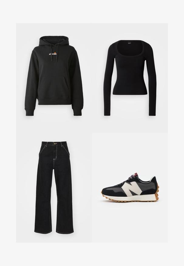Schwarze Kapuzenjacke mit einer vorderen Tasche, Kordelzugkapuze und einem kleinen bunten Logo auf der Brust. Hergestellt aus glattem, weichem Stoff mit gerippten Bündchen.; Schwarzes Langarmoberteil mit rundem Ausschnitt, figurbetontem Schnitt und gerippter Struktur, hergestellt aus weichem, dehnbarem Material. Keine sichtbaren Muster oder Akzente.; Schwarze Jeans mit weitem Bein aus Denim. Verfügt über kontrastierende weiße Nähte, Vordertaschen und einen Knopfverschluss in der Taille.; Schwarze und graue Wildledersneaker mit einem großen cremefarbenen "N"-Logo, lila Schnürsenkeln und einer strukturierten Gummisohle.
