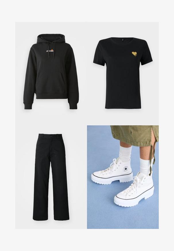 Sort hoodie med en frontlomme, snøre på hætten og et lille farverigt logo på brystet. Fremstillet af glat, blødt stof med ribbede manchetter.; Sort bomulds t-shirt med korte ærmer, der har et lille design af guldglitrende hjerte på venstre brystområde. Crew neck stil.; Sorte vide bukser med flad front, knaplukning og bæltestropper. Fremstillet af holdbart stof med en glat tekstur.; Hvide højtop sneakers med et tekstureret canvas-overdel, gummitåhætte og tyk hvid platformssål. Har sorte accenter og snøreringe.