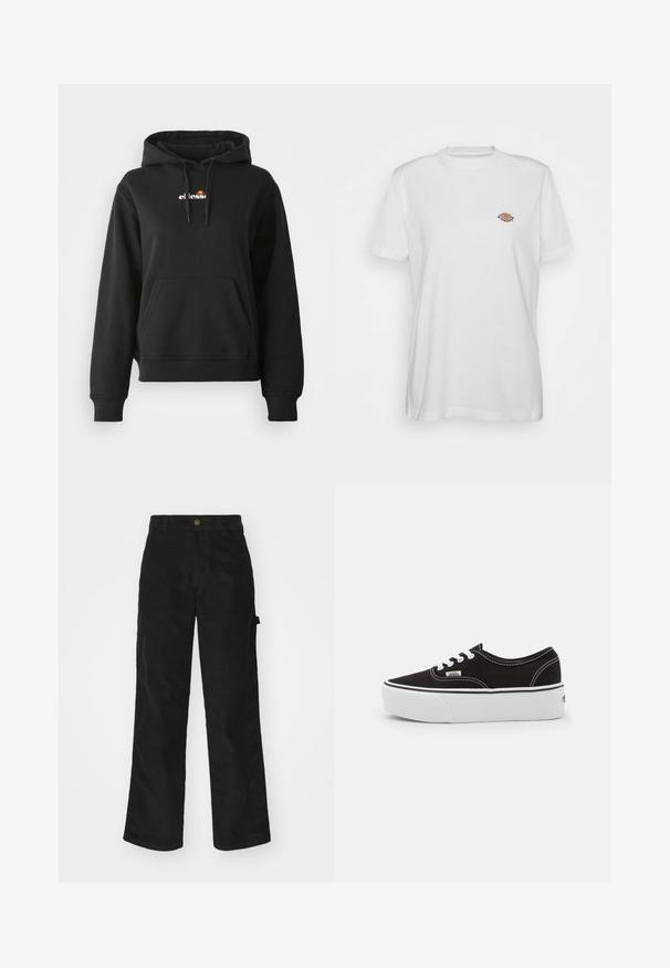 Schwarze Kapuzenjacke mit einer vorderen Tasche, Kordelzugkapuze und einem kleinen bunten Logo auf der Brust. Hergestellt aus glattem, weichem Stoff mit gerippten Bündchen.; Weißes Baumwoll-T-Shirt mit Rundhalsausschnitt und kurzen Ärmeln, das ein kleines, farbenfrohes, aufgenähtes "Diesel"-Logo auf der Brust zeigt.; Schwarze Cordhosen mit geradem Schnitt, ausgestattet mit einem Knopfverschluss und einer Seitenlasche. Glatte Textur mit feinen verticalen Streifen.; Schwarze Leinensneaker mit einer weißen Gummiplattformsohle, weißen Schnürsenkeln und Nähten, ikonischer Markenaufdruck an der Seite, im Low-Top-Design.