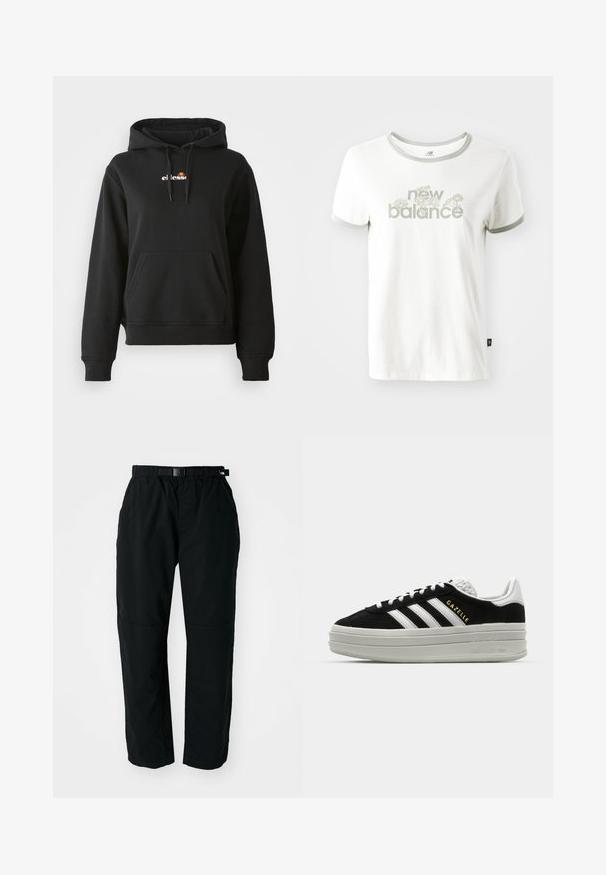 Sort hoodie med en frontlomme, snøre på hætten og et lille farverigt logo på brystet. Fremstillet af glat, blødt stof med ribbede manchetter.; Hvid bomulds T-shirt med grå kant, der har et blomstermotiv og teksten "new balance" i lys grøn. Korte ærmer, almindelig pasform.; Sorte letvægtsbukser med elastisk talje og justerbart bælte. Har tapered ben og forstærkede knæpaneler for holdbarhed.; Sort ruskind sneaker med hvide læderdetaljer, tre hvide striber, flade snørebånd og en tyk grå platformsål. Guldfarvet "Gazelle" branding.