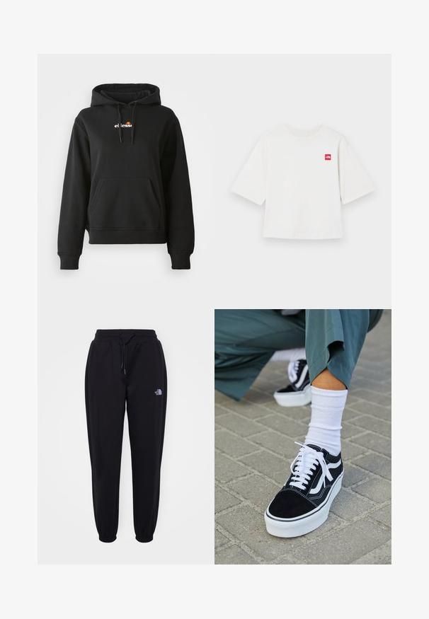 Zwarte hoodie met een voorzak, capuchon met trekkoord en een klein kleurrijk logo op de borst. Gemaakt van gladde, zachte stof met geribbelde manchetten.; Witte T-shirt met korte mouwen, gemaakt van katoen. Heeft een klein rood vierkant logo op de linkerborst. Recht gesneden. Zachte textuur.; Zwarte joggingsbroek met elastische tailleband en boorden, trekkoord, zijzakken en een klein wit The North Face-logo op de rechterdij.; Zwarte suède sneaker met witte accenten en veters, uitgerust met een dikke witte zool en contrasterende stiksels, gecombineerd met een witte sok.