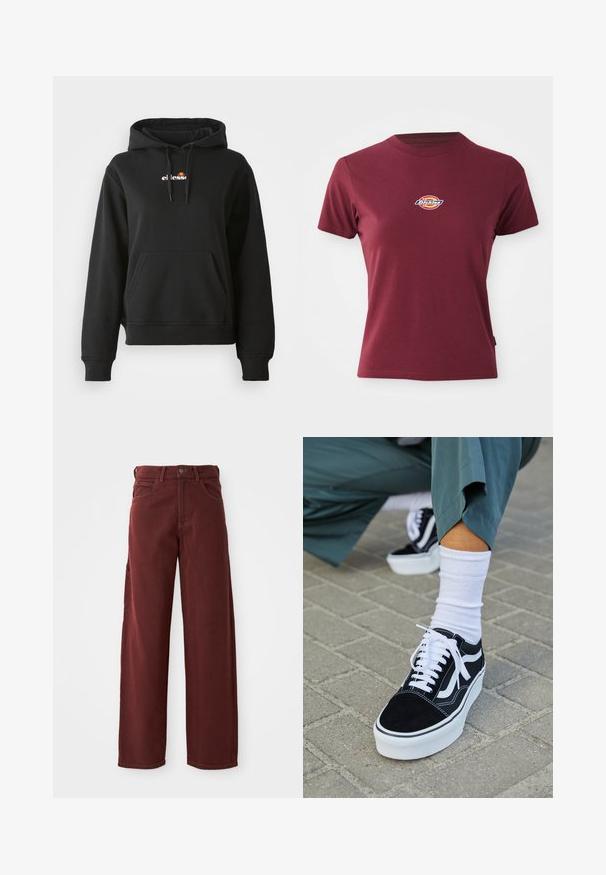 Sort hoodie med en frontlomme, snøre på hætten og et lille farverigt logo på brystet. Fremstillet af glat, blødt stof med ribbede manchetter.; Bordeaux kortærmet t-shirt lavet af bomuld med rund halsudskæring og et lille multicoloreret "Dickies" logo på brystet.; Mørkerøde vidde bukser lavet af bomuld med en glat tekstur, der har en frontknaplukning, bæltestropper og flere lommer.; Sorte ruskinds sneakers med hvide accenter og snørebånd, der har en tyk hvid sål og kontrasterende syninger, parret med en hvid sok.