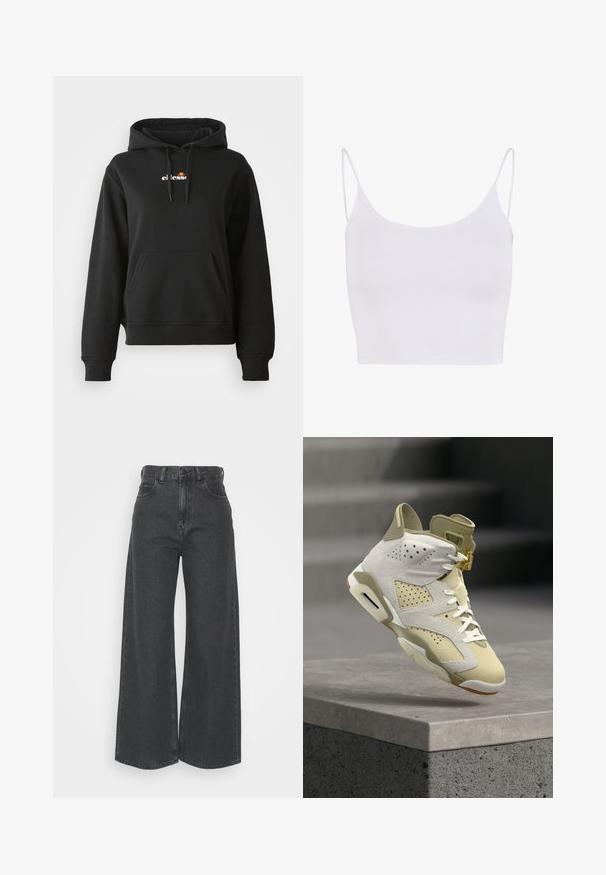 Sort hoodie med en frontlomme, snøre på hætten og et lille farverigt logo på brystet. Fremstillet af glat, blødt stof med ribbede manchetter.; Hvid top med spaghettistropper, tætsiddende design og en glat, strækbar tekstur uden mønstre eller pynt.; Højtaljede, brede jeans i mørkegrå denim. Klassisk design med en lige pasform, der har bæltestropper og forlommer.; Air Jordan 6 sneaker i creme- og beige nuancer, i luften over en betonforkant, som viser perforeret læder og hvide snørebånd med guld snørelås.