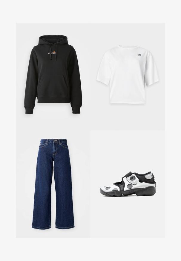 Schwarze Kapuzenjacke mit einer vorderen Tasche, Kordelzugkapuze und einem kleinen bunten Logo auf der Brust. Hergestellt aus glattem, weichem Stoff mit gerippten Bündchen.; Weißes Kurzarm-T-Shirt mit Rundhalsausschnitt und schwarzem The North Face-Logo auf der linken Brust.; Dunkelblaue weit geschnittene Jeans aus Denim, mit einem Knopf- und Reißverschluss, Gürtelschlaufen und klassischem Fünf-Taschen-Design.; Schwarz-weißer Slip-On-Sportschuh mit großen Polka-Dots, verstellbarem Riemen und dicker, gepolsterter Sohle mit der Aufschrift "AIR".