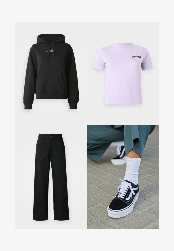 Zwarte hoodie met een voorzak, capuchon met trekkoord en een klein kleurrijk logo op de borst. Gemaakt van gladde, zachte stof met geribbelde manchetten.; Lavendel katoenen t-shirt met korte mouwen en een ronde hals. Heeft een zwart "DICKIES" logo op de borst. Soepele textuur.; Zwarte wijde broek met een vlakke voorkant, knoopsluiting en riemlussen. Gemaakt van stevige stof met een gladde textuur.; Zwarte suède sneaker met witte accenten en veters, uitgerust met een dikke witte zool en contrasterende stiksels, gecombineerd met een witte sok.