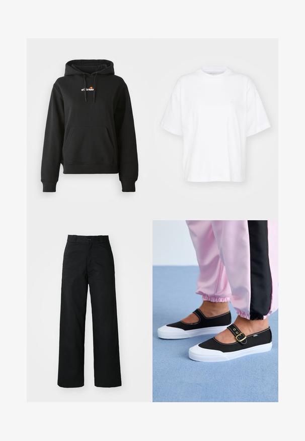 Sort hoodie med en frontlomme, snøre på hætten og et lille farverigt logo på brystet. Fremstillet af glat, blødt stof med ribbede manchetter.; Hvid bomulds t-shirt med rund hals, korte ærmer og en afslappet pasform. Har et diskret logo på venstre brystområde. Glat tekstur.; Sorte vide bukser med flad front, knaplukning og bæltestropper. Fremstillet af holdbart stof med en glat tekstur.; Sorte lærredssko med en hvid sål, der har et udskæringsdesign og et guldspænde. Bæret med lyserøde træningsbukser.
