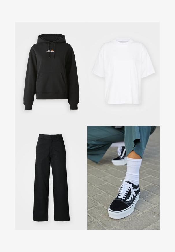 Zwarte hoodie met een voorzak, capuchon met trekkoord en een klein kleurrijk logo op de borst. Gemaakt van gladde, zachte stof met geribbelde manchetten.; Witte katoenen t-shirt met een ronde hals, korte mouwen en een ontspannen pasvorm. Heeft een subtiel logo op het linkerborstgedeelte. Zachte textuur.; Zwarte wijde broek met een vlakke voorkant, knoopsluiting en riemlussen. Gemaakt van stevige stof met een gladde textuur.; Zwarte suède sneaker met witte accenten en veters, uitgerust met een dikke witte zool en contrasterende stiksels, gecombineerd met een witte sok.