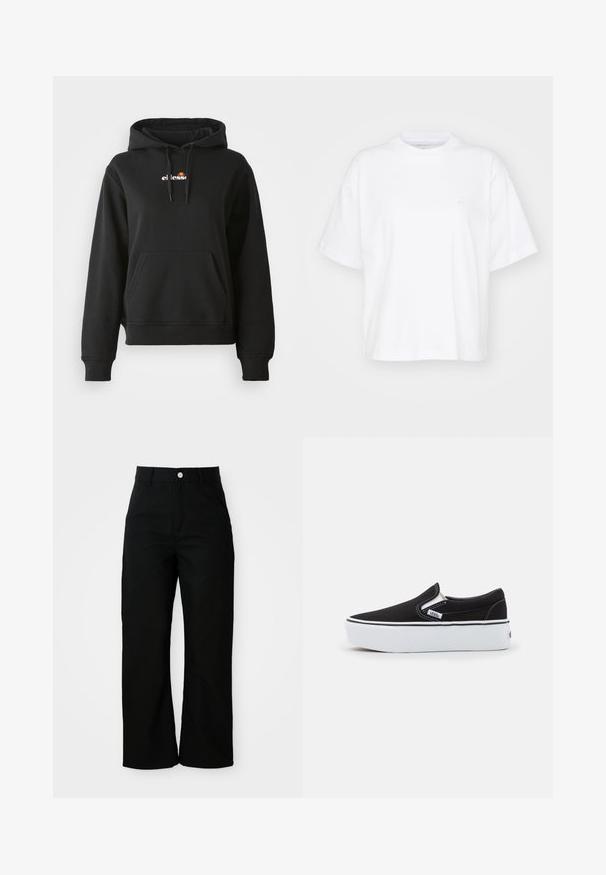 Schwarze Kapuzenjacke mit einer vorderen Tasche, Kordelzugkapuze und einem kleinen bunten Logo auf der Brust. Hergestellt aus glattem, weichem Stoff mit gerippten Bündchen.; Weißes Baumwoll-T-Shirt mit Rundhalsausschnitt, kurzen Ärmeln und lockerer Passform. Verfügt über ein dezentes Logo auf der linken Brustseite. Glatte Textur.; Schwarze, hoch taillierte, gerade geschnittene Hose mit Vordertaschen, Gürtelschlaufen und einem silbernen Knopfverschluss auf weißem Hintergrund.; Schwarze Canvas-Slipper mit weißer Gummisohle, ausgestattet mit elastischen seitlichen Akzenten und kontrastierenden Nähten. Markenlogo auf der Seite sichtbar.
