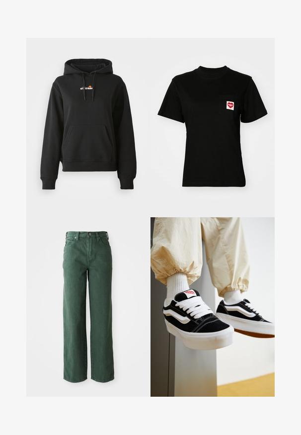 Sort hoodie med en frontlomme, snøre på hætten og et lille farverigt logo på brystet. Fremstillet af glat, blødt stof med ribbede manchetter.; Sort bomulds t-shirt med rund halsudskæring og korte ærmer. Har en frontlomme med et rødt hjerte-logo og hvid tekst.; Grønne vide jeans lavet af denim. Har høj talje, lige ben, forlommer og metalknaplukning.; Person iført sorte og hvide Vans sneakers med hvide snørebånd, hvide sokker og beige bukser med elastiske manchetter.