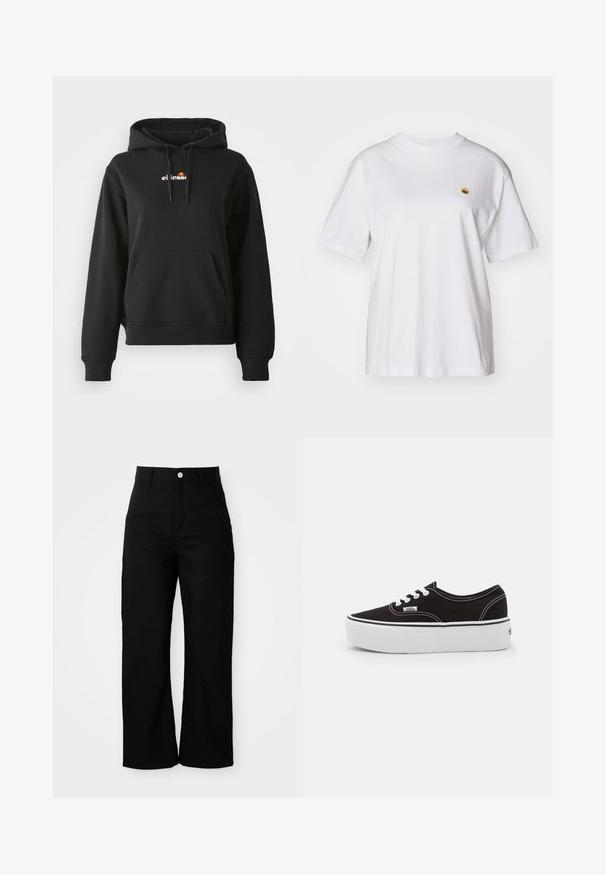 Schwarze Kapuzenjacke mit einer vorderen Tasche, Kordelzugkapuze und einem kleinen bunten Logo auf der Brust. Hergestellt aus glattem, weichem Stoff mit gerippten Bündchen.; Weißes Baumwoll-T-Shirt mit lockerem Schnitt, kurzen Ärmeln und einem kleinen gestickten Logo auf der linken Brustseite.; Schwarze, hoch taillierte, gerade geschnittene Hose mit Vordertaschen, Gürtelschlaufen und einem silbernen Knopfverschluss auf weißem Hintergrund.; Schwarze Leinensneaker mit einer weißen Gummiplattformsohle, weißen Schnürsenkeln und Nähten, ikonischer Markenaufdruck an der Seite, im Low-Top-Design.