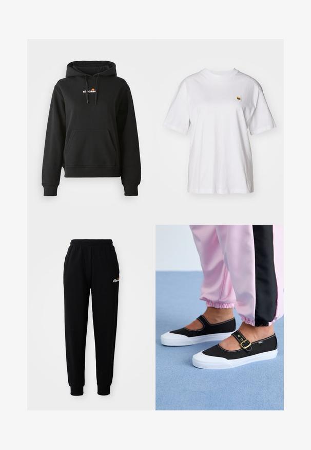 Sort hoodie med en frontlomme, snøre på hætten og et lille farverigt logo på brystet. Fremstillet af glat, blødt stof med ribbede manchetter.; Hvid bomulds-t-shirt med en afslappet pasform, korte ærmer og et lille broderet logo på venstre brystområde.; Sorte bomulds-svedpants med elastisk talje, side lommer, ribbede manchetter og et lille trykt logo på venstre lår.; Sorte lærredssko med en hvid sål, der har et udskæringsdesign og et guldspænde. Bæret med lyserøde træningsbukser.