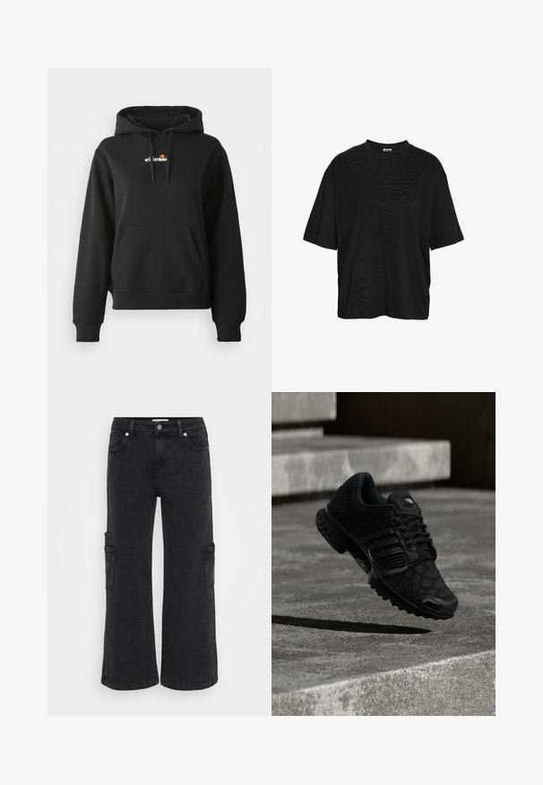 Zwarte hoodie met een voorzak, capuchon met trekkoord en een klein kleurrijk logo op de borst. Gemaakt van gladde, zachte stof met geribbelde manchetten.; Zwarte oversized T-shirt met korte mouwen en ronde hals, voorzien van een eenvoudig ontwerp en een klein label bij de halslijn.; Zwarte denim cargobroek met brede pijpen, voorzien van voorzakken en zijcargozakken. Glad textuur en klassiek vijf-zakken ontwerp.; Zwarte sportschoen met een gestructureerd patroon, vetersluiting en een gedempte zool. Het lijkt te zweven boven een betonnen oppervlakte.
