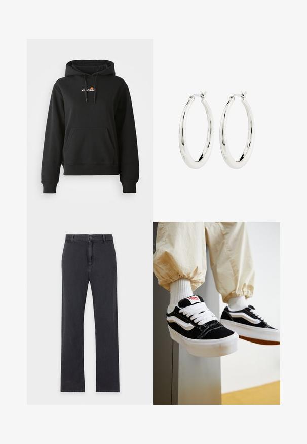 Sort hoodie med en frontlomme, snøre på hætten og et lille farverigt logo på brystet. Fremstillet af glat, blødt stof med ribbede manchetter.; Straight-leg sorte jeans med forreste knap- og lynlåslukning, bæltestropper og klassisk fem-lommer design, lagt fladt på hvid baggrund.; Person iført sorte og hvide Vans sneakers med hvide snørebånd, hvide sokker og beige bukser med elastiske manchetter.; Sølvøreringe i form af hoops med en glat, blank finish. Cirkulær form, der har en sikker lås. Simpelt og elegant design.