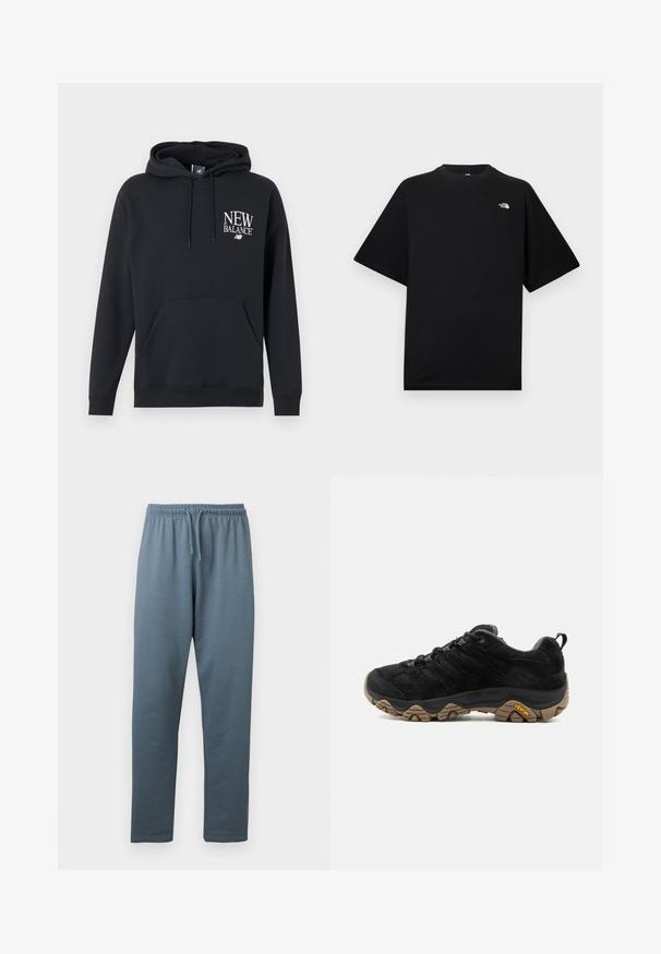 Μαύρο φούτερ New Balance με τσέπη μπροστά και λευκό λογότυπο στο αριστερό στήθος, με ρυθμιζόμενο κορδόνι στη κουκούλα.; Μαύρο T-shirt κοντομάνικο με στρογγυλή λαιμόκοψη και μικρό λευκό λογότυπο The North Face στο πάνω αριστερό μέρος του στήθους.; Γκρι-μπλε ελαστικό παντελόνι φόρμας με ελαστική μέση και ρυθμιζόμενο κορδόνι, με ίσια μπατζάκια, παρουσιάζεται σε λευκό φόντο.; Μαύρο ορειβατικό παπούτσι με ανθεκτική καφέ Vibram σόλα, επάνω μέρος από δίχτυ και σουέτ, σχεδιασμό με κορδόνια και πίσω ταινία έλξης, εμφανίζεται από την εξωτερική πλευρά.
