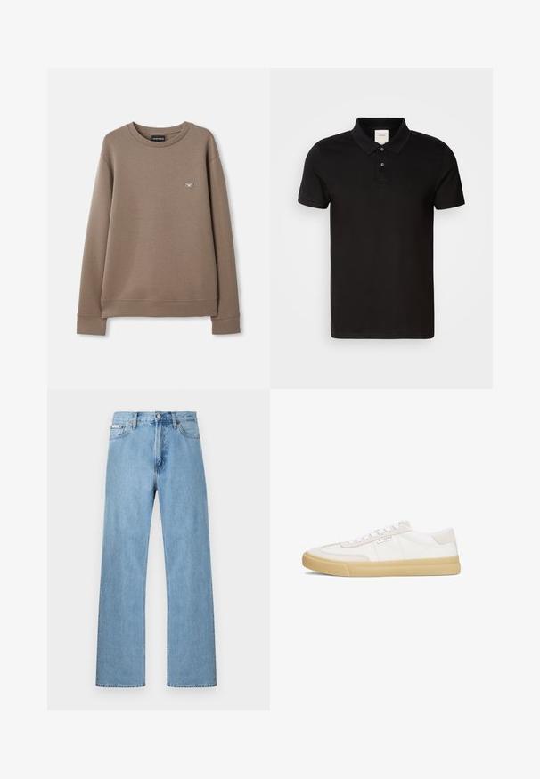 Brauner Langarm-Crewneck-Sweatshirt mit kleinem Emporio Armani Logo-Patch auf der linken Brust, auf einem schlichten weißen Hintergrund dargestellt.; Schwarzes Poloshirt aus glattem Stoff mit klassischem Kragen. Verfügt über zwei Knöpfe am Hals, kurze Ärmel und ein dezentes Logo auf der Brust.; Hellblaue gerade geschnittene Jeans im Five-Pocket-Design mit Knopfverschluss an der Taille, präsentiert vor einem schlichten Hintergrund.; Weiße Sneaker aus Leder und Wildleder, mit einem Schnürdesign, einer hellbraunen Gummisohle und einem kleinen Logo an der Seite.