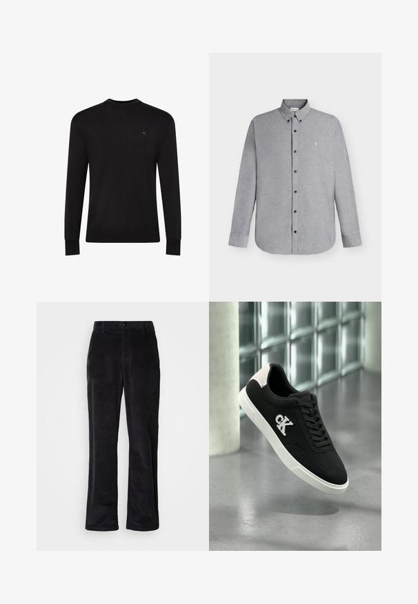 Pull noir à manches longues avec col rond, petit logo discret sur la partie supérieure gauche de la poitrine et poignets et bas côtelés.; Chemise gris clair à manches longues avec boutons, col boutonné et petit logo "cK" brodé sur la poitrine gauche.; Pantalon en velours côtelé noir foncé avec une coupe droite, doté d'une fermeture à boutons, de passants pour ceinture et de poches latérales pour un port fonctionnel.; Baskets noires avec semelle blanche, accents en daim, lacets, et logo brodé « CK » sur le côté. Texture lisse avec un design sportif.