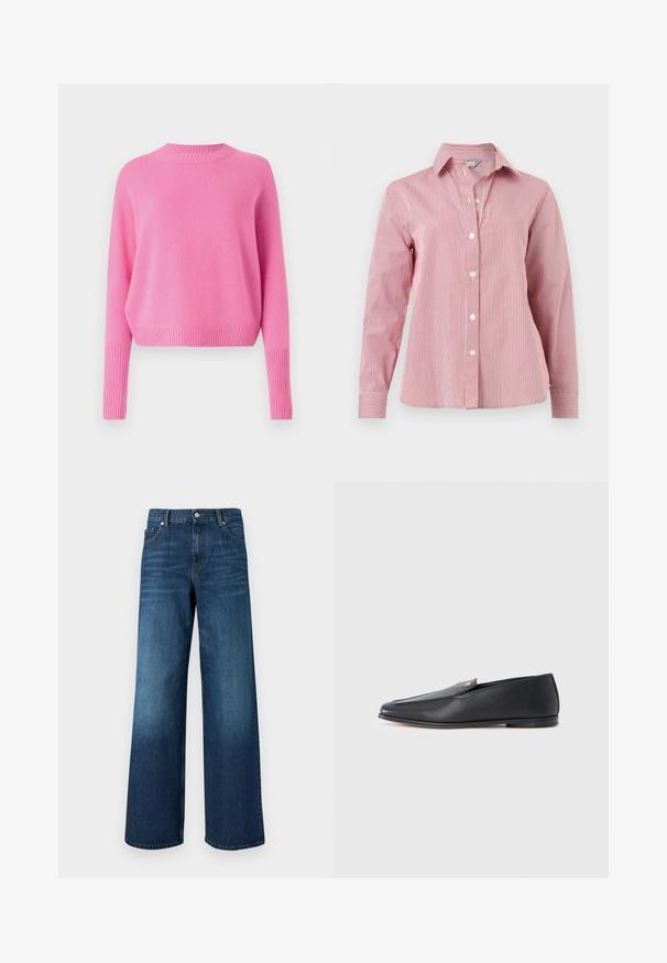 CLOSED CREW NECK CROPPED - Svetrík - flamingo pink; Červená a biela košeľa s dlhým rukávom a vertikálnymi pruhmi, zapínaná na gombíky, so stojačikom a manžetami, položená na bielom pozadí.; Modré rifle so širokými nohavicami, prednými vreckami, pútkami na opasok a zapínaním na gombík na jednofarebnom pozadí.; Čierne kožené mokasíny s hladkou textúrou, zaoblenou špičkou a jemnými švami. Na hornej strane je zlatý akcent v podobe loga.