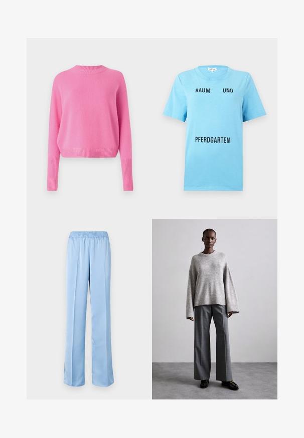 CLOSED CREW NECK CROPPED - Trui - flamingo pink; Lichtblauw katoenen T-shirt met gedurfde zwarte tekst: “BAUM UND PFERDGARTEN.” Korte mouwen en een ronde halslijn, gladde textuur.; Lichtblauwe, wijde broek met een elastische tailleband. Glad textuur, eenvoudig design en licht uitlopende zoom met zijsplitten aan de onderkant.; Grijze gebreide trui met brede mouwen en geribbelde onderrand, gecombineerd met hoge grijze broeken met een subtiel ruitenpatroon en zwarte loafers.