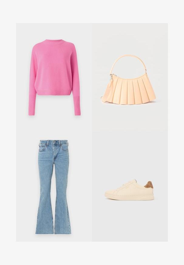 CLOSED CREW NECK CROPPED - Trui - flamingo pink; Lichtblauwe geruite spijkerbroek met uitlopende pijpen en een hoge taille, voorzien van een knoopsluiting aan de voorkant, vijf zakken en subtiele aftekening op de dijen.; Beige lage sneaker met beige veters, een hielstuk met een beigetinten patroon en het "Coach New York"-logo aan de zijkant.; Beige geplooide handtas met afgeronde handgreep en afneembare schouderriem, gepresenteerd tegen een effen lichte achtergrond.