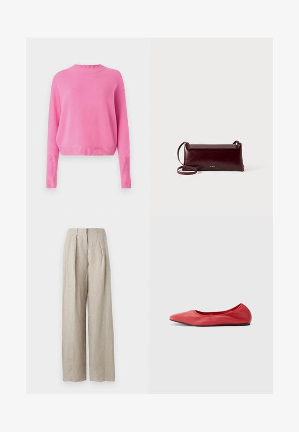 CLOSED CREW NECK CROPPED - Striktrøje - flamingo pink; Beige hør bukser med høj talje og vide ben, med frontplisseringer og skjult frontlukning, vist mod en ensfarvet baggrund.; Filippa K REY FLATS - Ballerinasko - bright red; Bordeaux læder crossbody taske med en glat tekstur, rektangulær form, flaplukning og en tynd justerbar rem. Guldlogo detalje synlig.