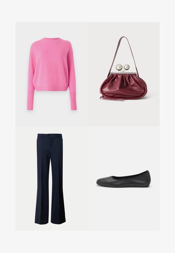 CLOSED CREW NECK CROPPED - Trui - flamingo pink; Donkerblauwe nette broek met knoopsluiting, riemlussen en een rechte, wijde pijp.; Zwarte leren ballerina met een ronde neus, gladde textuur, minimale stikdetails en een flexibele zoolontwerp.; Kleine bordeaux leren handtas met geplooide details, een dunne band en een zilveren sluiting met twee grote ronde knoppen.