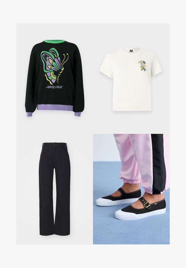 Pull noir avec un graphique de papillon coloré, un col côtelé vert et des poignets et ourlet côtelés violets. Texte "SANTA CRUZ" en dessous du design.; T-shirt en coton blanc à manches courtes. Présente une broderie florale verte et jaune sur le côté gauche de la poitrine, logo inclus. Coupe droite.; Jeans noirs taille haute à jambes larges avec fermeture à bouton et zip à l'avant, passants de ceinture et deux poches avant sur fond blanc.; Baskets noires en toile avec une semelle blanche, présentant un design découpé et une sangle en boucle dorée. Portées avec un pantalon de survêtement rose.