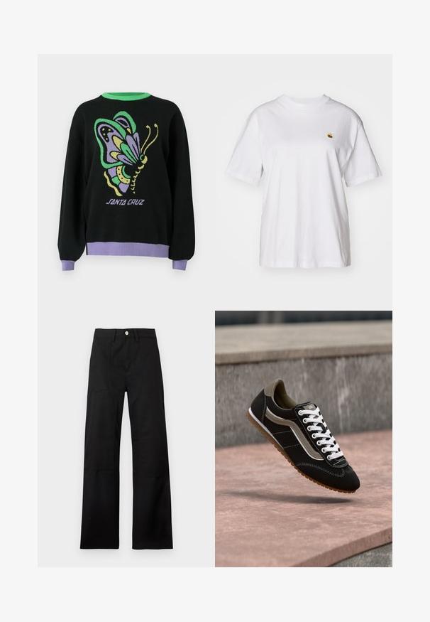 Pull noir avec un graphique de papillon coloré, un col côtelé vert et des poignets et ourlet côtelés violets. Texte "SANTA CRUZ" en dessous du design.; T-shirt en coton blanc avec une coupe décontractée, des manches courtes et un petit logo brodé sur la poitrine gauche.; Pantalons noirs taille haute à jambes larges avec passants de ceinture, fermeture par bouton argenté et détails de coutures visibles sur les panneaux avant.; Baskets noires et beiges avec lacets blancs et semelle en gomme, en suspension au-dessus d'une surface en pierre et d'un mur en béton gris.