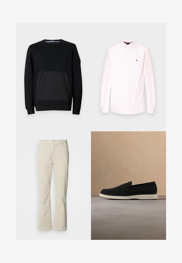 Sweatshirt noir avec une poche texturée noire à fermetures à pression, col rond et manches longues. Tissu lisse avec un subtil éclat.; Chemise blanche à manches longues avec des rayures verticales rose clair et un petit logo brodé sur la poitrine gauche.; Pantalon en velours côtelé beige avec une coupe droite, doté d'une fermeture avant à boutons, de deux poches latérales et d'une texture lisse.; Mocassin noir à enfiler avec semelle blanche posé sur un tapis beige devant un canapé assorti.