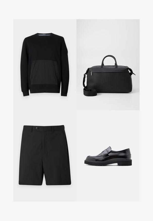 Sweatshirt noir avec une poche texturée noire à fermetures à pression, col rond et manches longues. Tissu lisse avec un subtil éclat.; Shorts noirs en tissu léger, dotés d'une fermeture à bouton, de deux poches latérales et d'une coupe droite. Texture lisse et design simple.; Chaussure noire en cuir à enfiler avec un design épuré, bout rond et semelle épaisse en caoutchouc texturé. Présente une sangle décorative à l'avant.; Sac de voyage en cuir noir avec deux poignées supérieures, une bandoulière amovible et une poche avant zippée pour un espace de rangement supplémentaire.