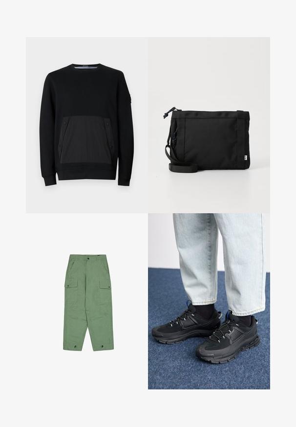 Sort sweatshirt med en tekstureret sort lomme med trykknaplukninger, rund hals og lange ærmer. Glat stof med en diskret glans.; Grøn cargo-bukser med afslappet pasform, to store sidelommer og justerbare ankelmanchetter. Fremstillet af tekstureret bomuldsstof.; Sorte træningssko med tekstureret stof og gummisåler, udstyret med elastiske snørebånd og en blå detalje på hælen. Bæres med lyse denimbukser.; Sort stof skuldertaske med en struktureret overflade, justerbar rem og snørelukning. Har kraftige syninger og et sideetiket.