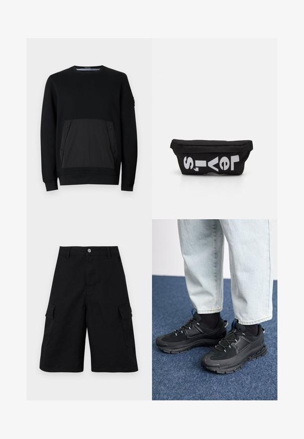 Sort sweatshirt med en tekstureret sort lomme med trykknaplukninger, rund hals og lange ærmer. Glat stof med en diskret glans.; Svarte cargo shorts lavet af slidstærkt stof. Indeholder to sidelommer, en lynlåsgylp og en simpel talje med en metalknap.; Sorte træningssko med tekstureret stof og gummisåler, udstyret med elastiske snørebånd og en blå detalje på hælen. Bæres med lyse denimbukser.; Sort stoftaske med flad form, prydet med fed hvid tekst. Lynlåsen er placeret øverst, med en løkke detalje på den ene side.