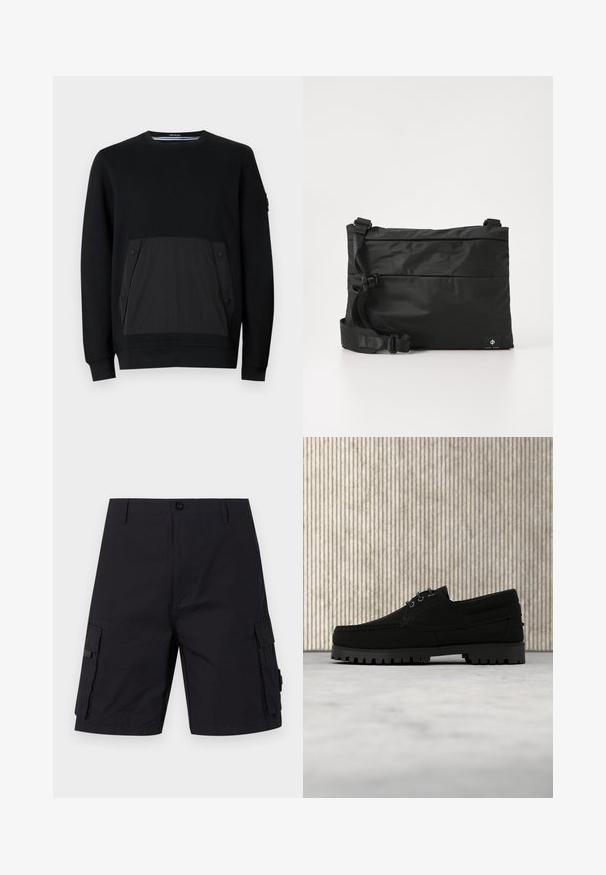 Sort sweatshirt med en tekstureret sort lomme med trykknaplukninger, rund hals og lange ærmer. Glat stof med en diskret glans.; Sorte cargo shorts med lige snit, lavet af slidstærkt stof. Har to sidelommer og knaplukning.; Sort snørestøvle med tyk rilled sål, der svæver over beige tæppe, brun moderne rundt bord i blødt oplyst rum i baggrunden.; Sort nylon messenger-taske med justerbar rem, fladt design og et sideetiket med et logo. Glat tekstur og minimalistisk stil.