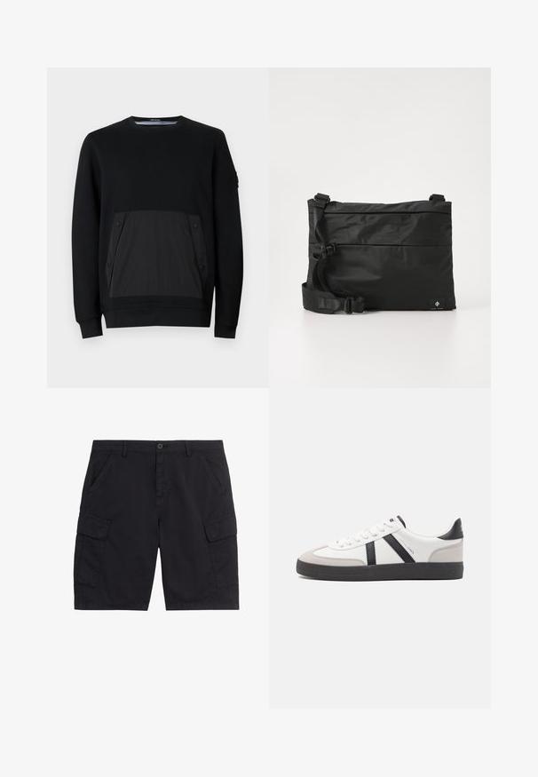 Sweatshirt noir avec une poche texturée noire à fermetures à pression, col rond et manches longues. Tissu lisse avec un subtil éclat.; Shorts cargo noirs avec bouton et fermeture éclair à l'avant, deux poches latérales, deux poches cargo à rabat et passants pour ceinture.; Baskets blanches avec des accents noirs et gris, présentant un embout texturé gris, une semelle en caoutchouc noir et des lacets plats blancs. Design épuré, style minimaliste.; Sac messager en nylon noir avec une sangle réglable, un design plat et une étiquette latérale arborant un logo. Texture lisse et style minimaliste.