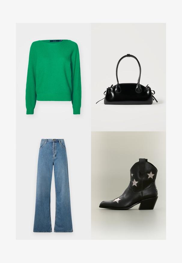 Pull en tricot vert à manches longues, avec un ourlet et des poignets côtelés, présentant une surface texturée et une coupe ample. Étiquette visible au niveau de l'encolure.; Jeans large bleu clair à taille haute, dotés de poches avant et d'un zip, présentés sur un fond blanc.; Bottine cowboy en cuir noir, hauteur cheville, avec un talon biseauté de hauteur moyenne et des découpes blanches en forme d’étoile sur les côtés et le bout.; Petit sac à main noir brillant avec deux longues anses et des détails à cordon sur les côtés sur un fond clair uni.