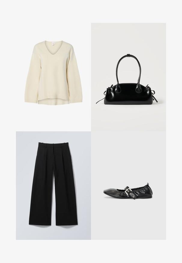 Pull crème à col V avec des manches longues, des poignets côtelés et une coupe décontractée. Texture lisse et fentes latérales à l'ourlet pour une silhouette confortable.; Pantalon large noir avec passants pour ceinture, plis à l'avant et poches latérales, étalé à plat sur un fond clair.; Chaussure plate en cuir noir avec un nez pointu, des détails froncés autour de l'ouverture et un accent en boucle argentée sur la bride ajustable.; Petit sac à main noir brillant avec deux longues anses et des détails à cordon sur les côtés sur un fond clair uni.