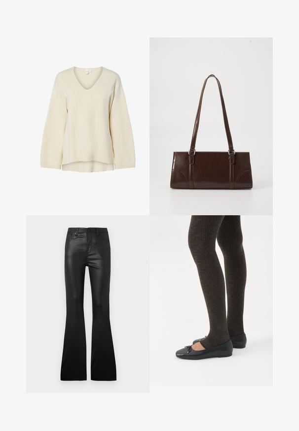 Pull crème à col V avec des manches longues, des poignets côtelés et une coupe décontractée. Texture lisse et fentes latérales à l'ourlet pour une silhouette confortable.; Pantalons évasés noirs en matériau lisse et brillant. Comprend des poches avant et une fermeture à bouton. Ajustement cintré au niveau de la taille et des hanches.; Jambes portant des leggings côtelés foncés associés à des ballerines noires avec de petits détails en nœud sur fond blanc.; Sac à main en cuir verni marron de forme rectangulaire, avec deux longues poignées et des accents courbés subtils à l'avant.