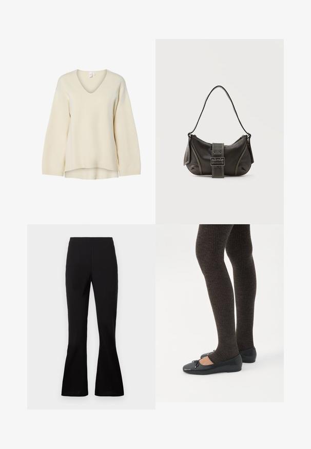 Suéter crema de cuello en V con mangas largas, puños acanalados y un corte relajado. Textura suave y aberturas laterales en el dobladillo para una silueta cómoda.; Pantalones acampanados negros hechos de una tela suave. Presentan una cintura alta y una silueta ajustada que se ensancha en el dobladillo.; Piernas con leggings oscuros acanalados combinados con bailarinas negras que presentan pequeños detalles de lazo sobre un fondo blanco.; Bolso de hombro de cuero negro con detalle de correa con hebilla, bordes curvos y costuras blancas en contraste sobre un fondo liso.