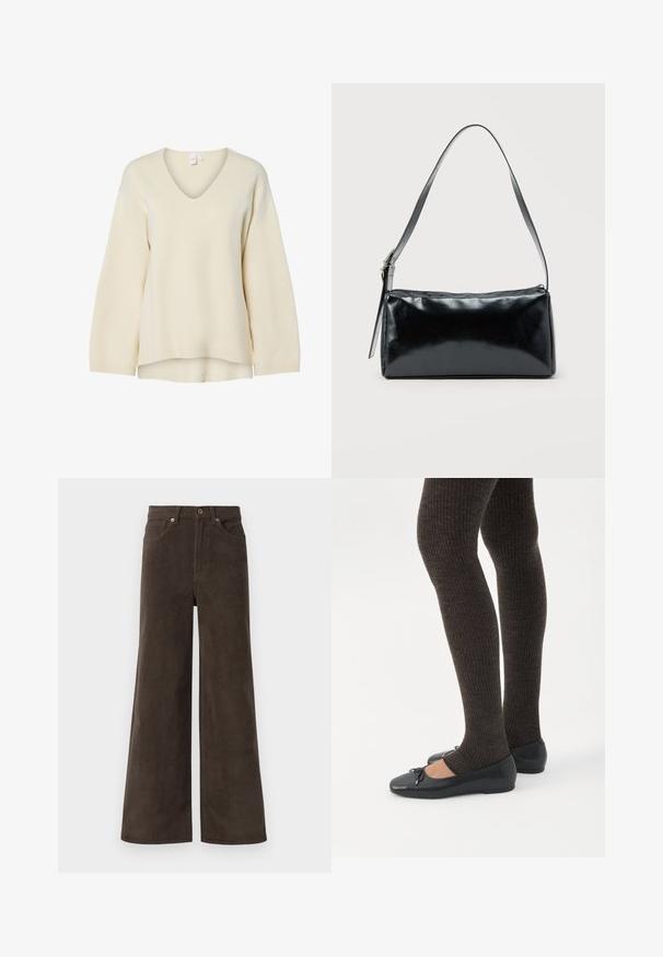 Pull crème à col V avec des manches longues, des poignets côtelés et une coupe décontractée. Texture lisse et fentes latérales à l'ourlet pour une silhouette confortable.; Pantalons en velours côtelé larges marron foncé avec poches avant, passants de ceinture et fermeture à boutons à la taille.; Jambes portant des leggings côtelés foncés associés à des ballerines noires avec de petits détails en nœud sur fond blanc.; Sac d'épaule rectangulaire noir avec une sangle réglable unique et une fermeture éclair supérieure sur un fond uni.